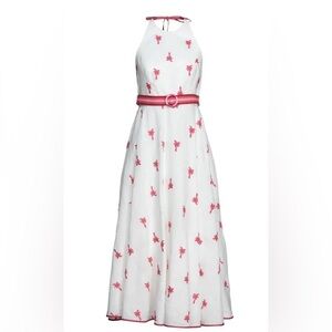 Zimmermann White Halter Backless Maxi Dress with Pink Palm Motif and Pink Belt